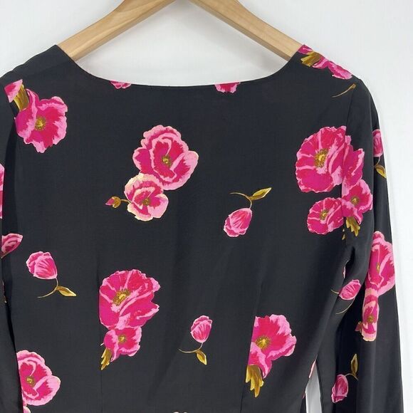 Intermix Dress Size 2 Women Black Pink Bernice Long Sleeve Floral Silk Mini - Picture 5 of 7